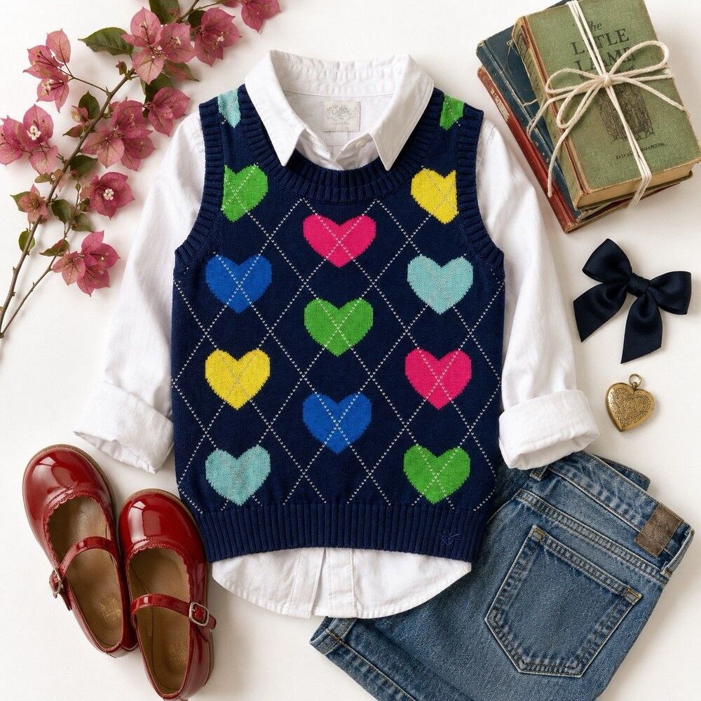 Vintage Justice Heart Argyle Sweater Vest Girls 16 Cotton Preppy Y2K Schoolcore